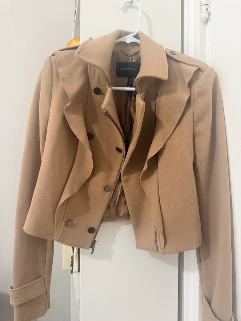 BCBGMaxAzria Tan Ruffle-Front Cropped Blazer Jacket